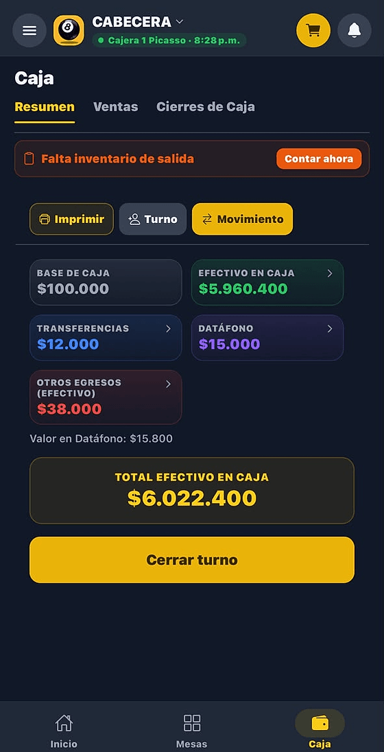 Cierre de caja de un turno desde la app móvil de Bola 8