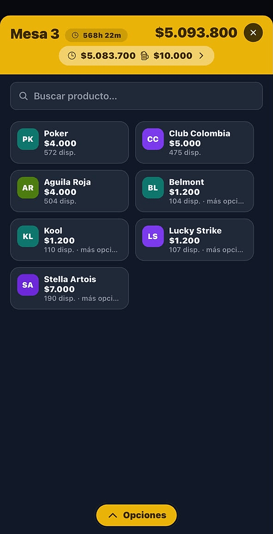 Cuenta de una mesa de billar con su consumo en la app móvil de Bola 8