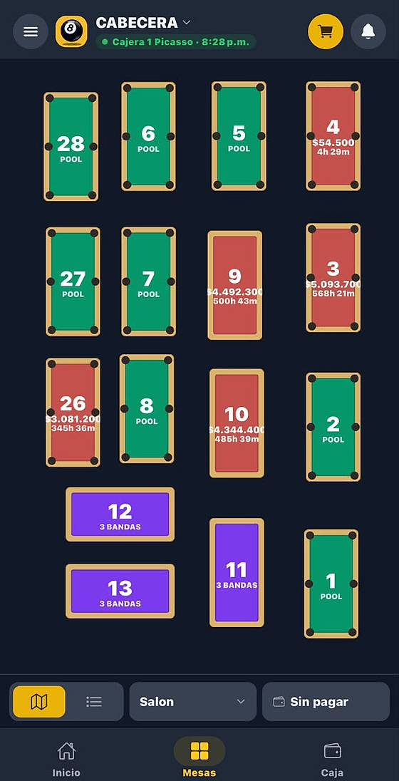 La misma sala de billar vista desde la app móvil de Bola 8