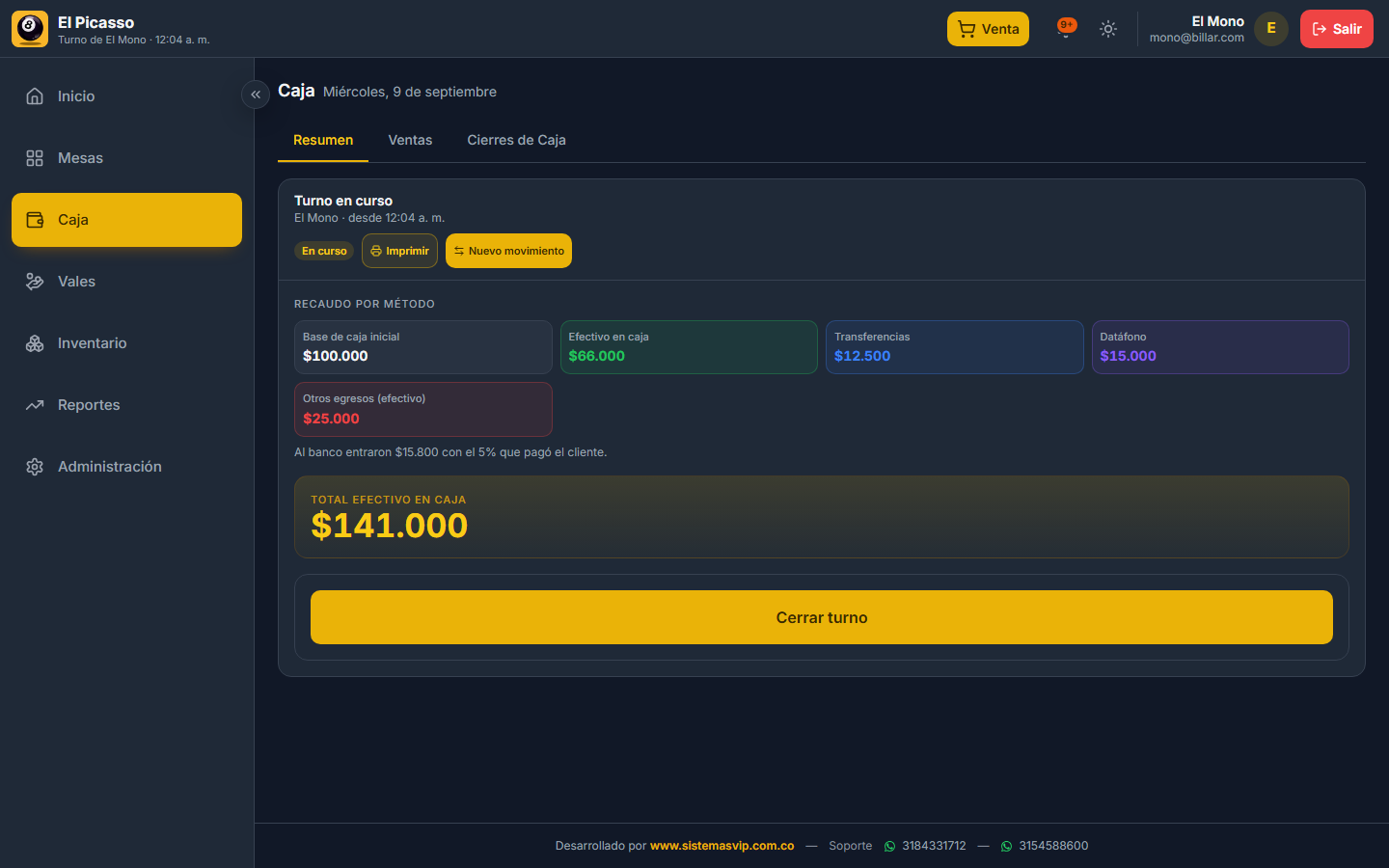 Cierre de caja de un turno en Bola 8, con el recaudo separado por método de pago