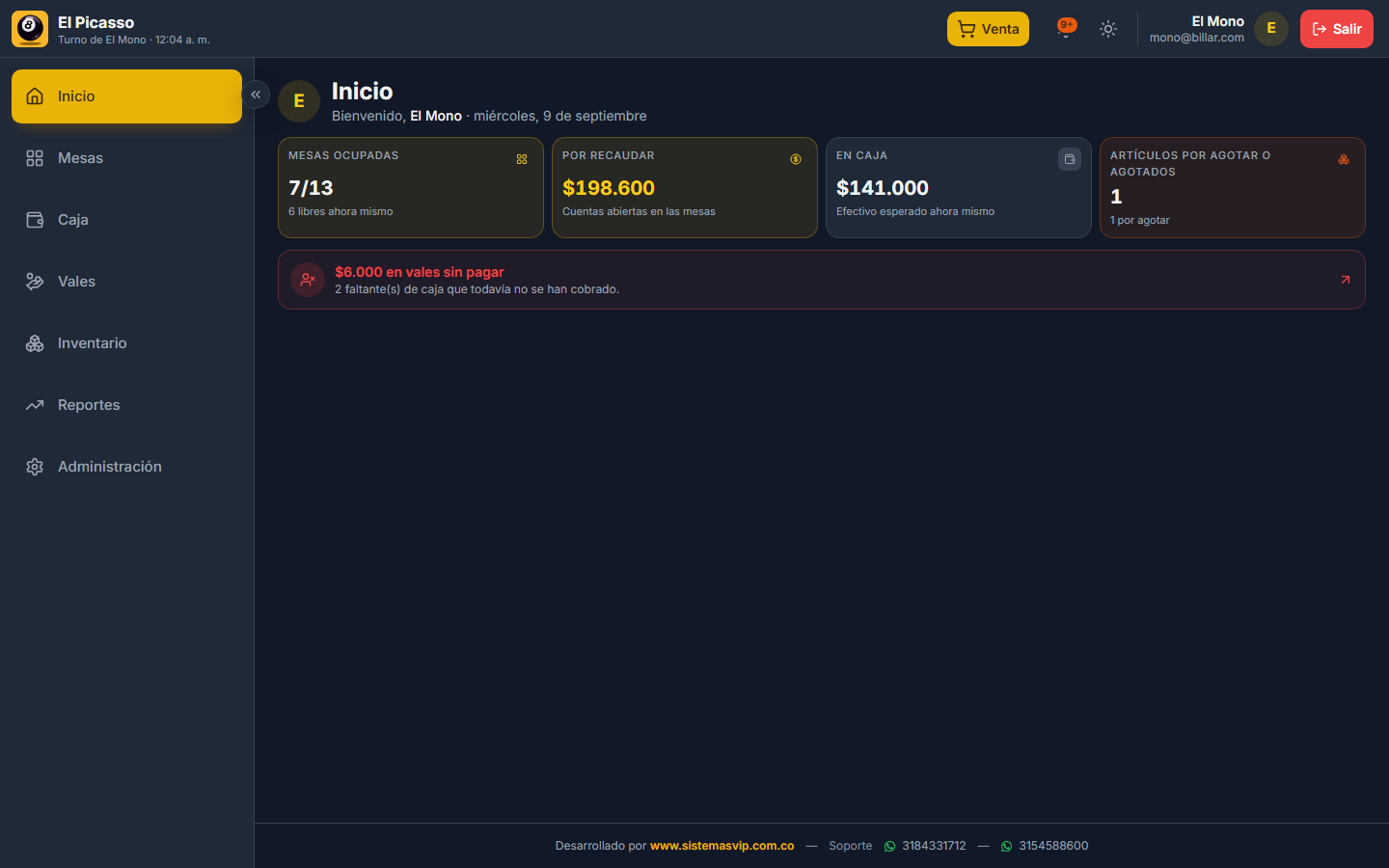 Panel de inicio de Bola 8 con mesas ocupadas y recaudo del día